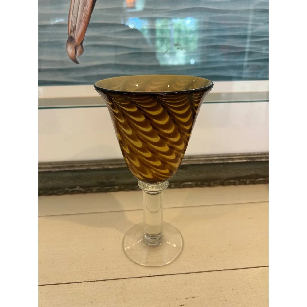 Art Glass Wine Goblet Amber Brown Pulled Feather Festooned Hand Blown 8.5